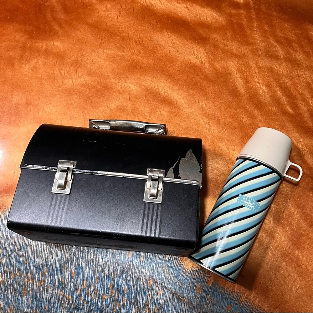 Vintage Metal Lunch Box and Thermos Black Dome Blue stripes